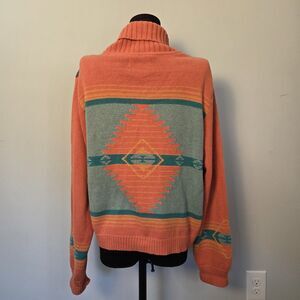 Vintage Pendleton AZTEC Denim Cardigan Sweater Jacket  LARGE L Knit Southwestern